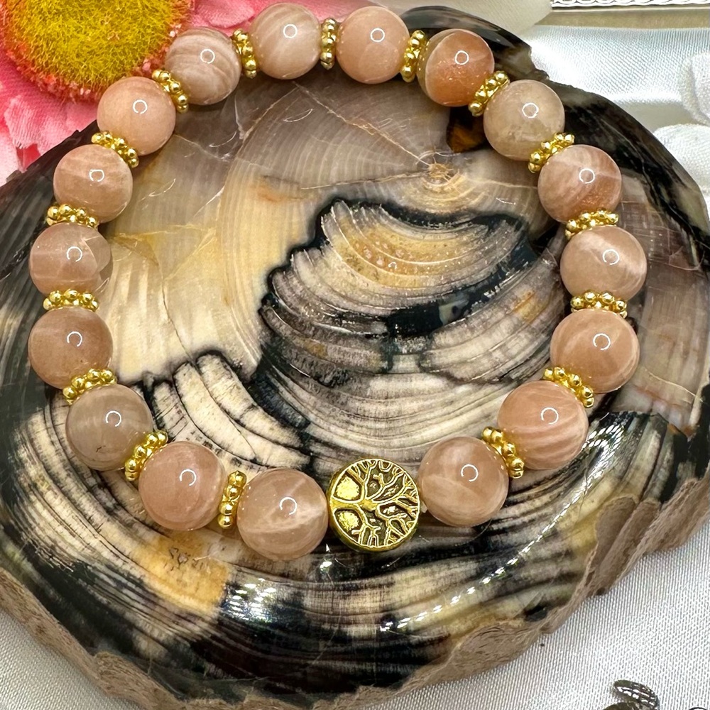 6” Genuine Sunstone Beaded Bracelet with Gold Accents & Tree of Life Charm